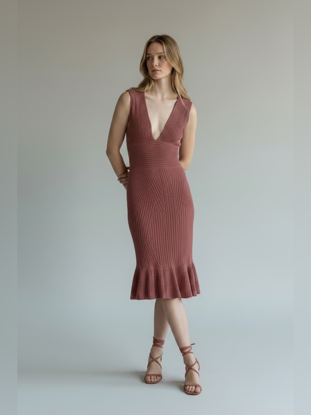 Ronny Kobo Octavia Mauve bodycon knit midi dress graduation prom xs balletcore
